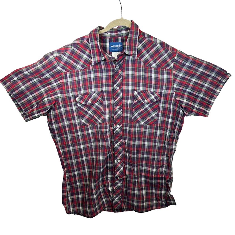 Wrangler Western Shirt Mens XL Red Plaid Short Sleeve Pearl Snap Yoke Pocket